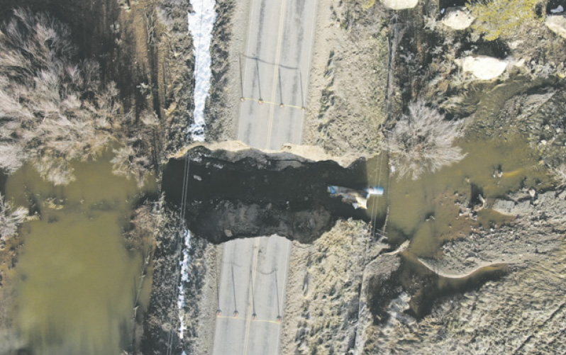 This photo taken by drone shows a washout caused by flooding on Montezuma County Road P in March. The abundant precipitation this winter has raised some concerns about flooding, particularly in the Town of Dolores.