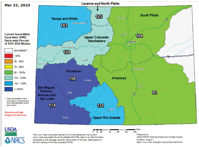 Snow Water Equivalent levels in the State of Colorado in March.